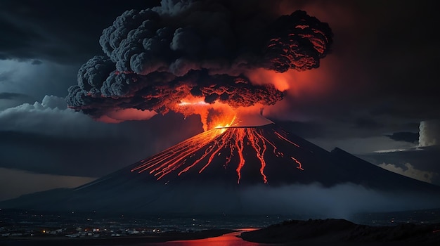 Esplosione del vulcano in una notte di temporali