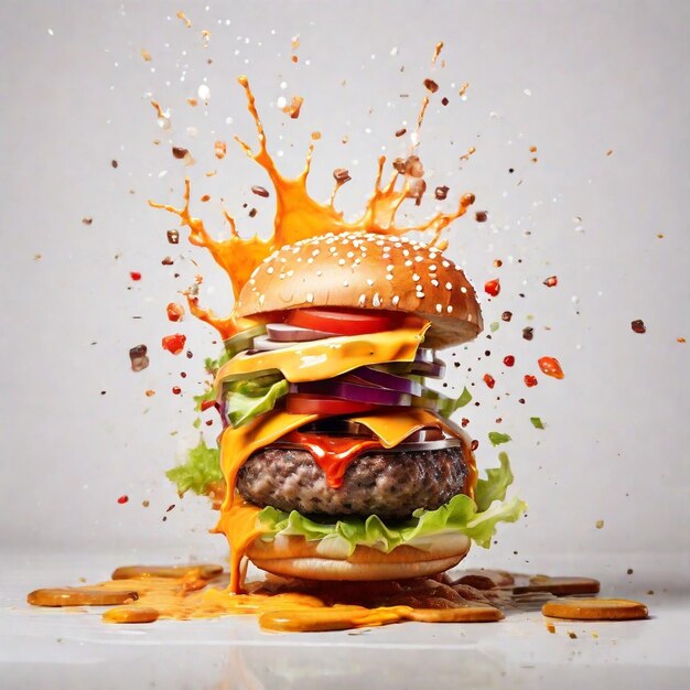 Esplosione delizioso splash fresco gustoso hamburger con sfondo bianco