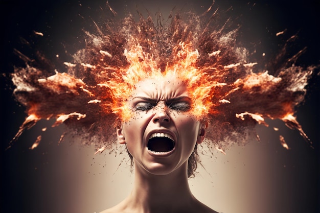 Esplosione della testa Mal di testa aggressività concetto di emozioni negative Perdere il controllo Problemi con la salute mentale Rabbia IA generativa