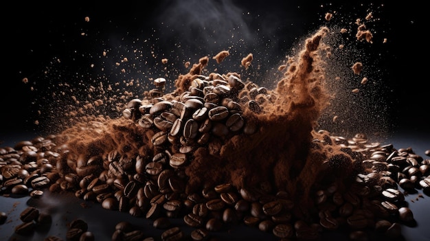 Esplosione di caffè macinato con fagioli arrostiti sullo sfondo nero