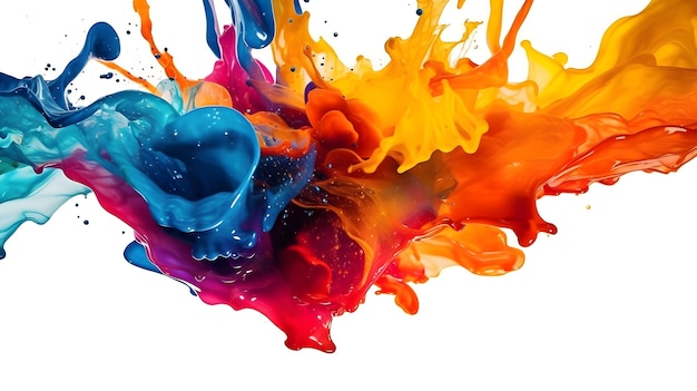 Esplosione di colore liquido astratto colorato artistico giallo blu viola rosso arancione spruzzo spruzzo nell'aria sfondo bianco