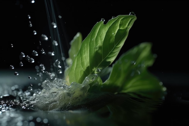 Esplosione di foglie vegetali al rallentatore con goccioline d'acqua e luce splendente