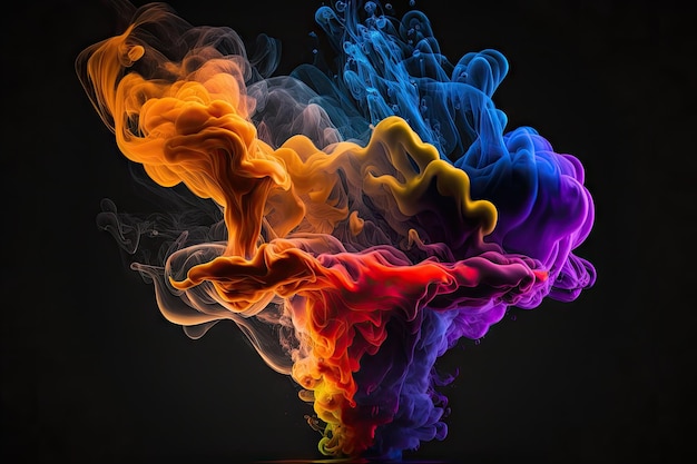 Esplosione di fumi colorati ardenti su sfondo nero in forma astratta