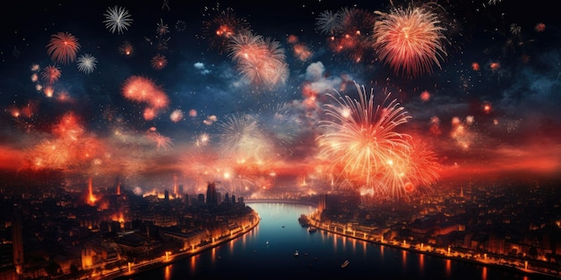 Esplosione di fuochi d'artificio nel cielo notturno per festeggiare il buon anno nuovo 2024 Spari di fuochi d'artificio nazionali nel bellissimo cielo per un nuovo anno dell'anno 2024