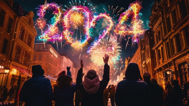 Esplosione di fuochi d'artificio nel cielo notturno per festeggiare il buon anno nuovo 2024 Sparo nazionale di fiammiferi nel bellissimo cielo per un giorno di nuovo anno dell'anno 2024