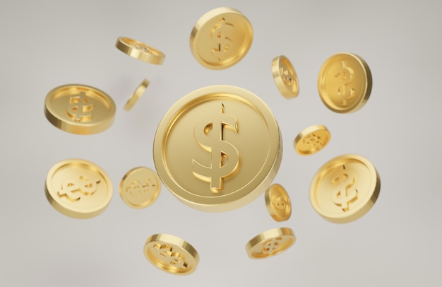 Esplosione di monete d'oro con il simbolo del dollaro. Jackpot o casinò poke concept. Rendering 3D.