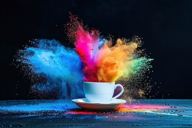 Esplosione di polvere colorata da una tazza di caffè uno spruzzo colorato di esplosione di colore