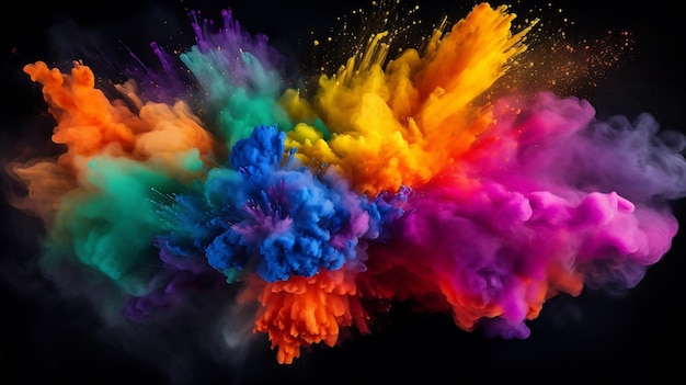 Esplosione di polvere colorata isolata su sfondo nero Potere e concetto artistico ab IA generativa