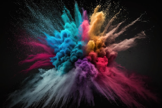 Esplosione di polvere colorata isolata su uno sfondo scuro con colori astratti