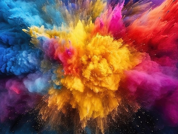 Esplosione di polvere colorata Primo piano astratto polvere sullo sfondo Esplosione colorata Vernice Holi IA generativa