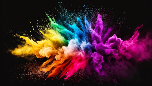 Esplosione di polvere colorata su sfondo nero IA generativa