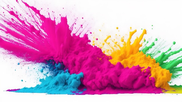 Esplosione di polvere di colore della vernice arcobaleno colorato holi isolata su sfondo bianco ampio panorama