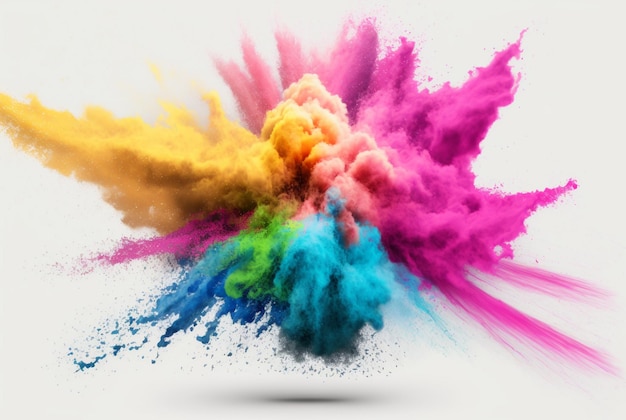 Esplosione di polvere di colore Holi con arcobaleno su sfondo bianco isolato esplosione di colori vivaci IA generativa