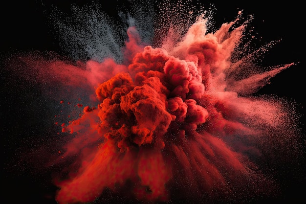 Esplosione di polvere rossa astratta su uno sfondo scuro Nube di splatter di polvere rossa isolata con colore Polvere colorata erutta Holi di colore