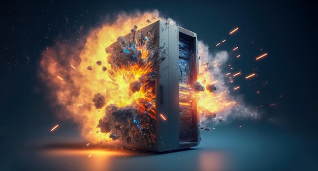 Esplosione di server o computer con fuoco e fumo IA generativa