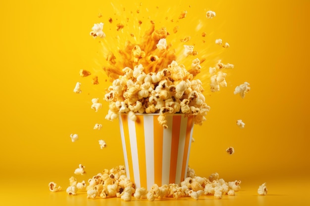 Esplosione di un secchio di sacchetti di popcorn isolato su sfondo giallo