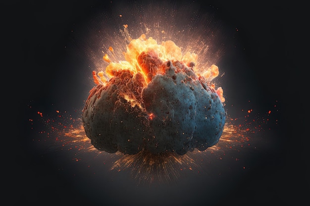 Esplosione di una bomba ardente con scintille isolate su uno sfondo scuro