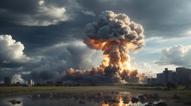 Esplosione di una bomba nucleare sulla città con un fungo atomico