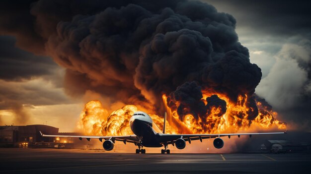 Esplosione infuocata con denso fumo nero in un aeroporto