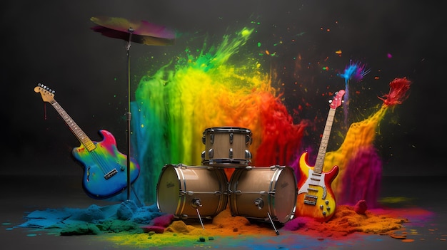 Esplosione musicale colorata Una scena vibrante di strumenti luminosi e dispersione di colori con luci drammatiche e musica rock