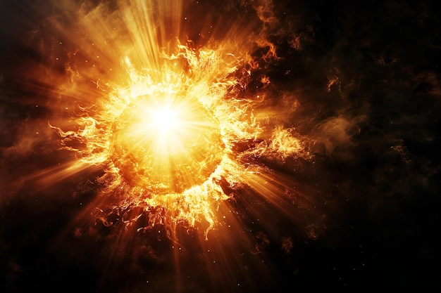 Esplosione nello spazio con sole e fumo su uno sfondo nero