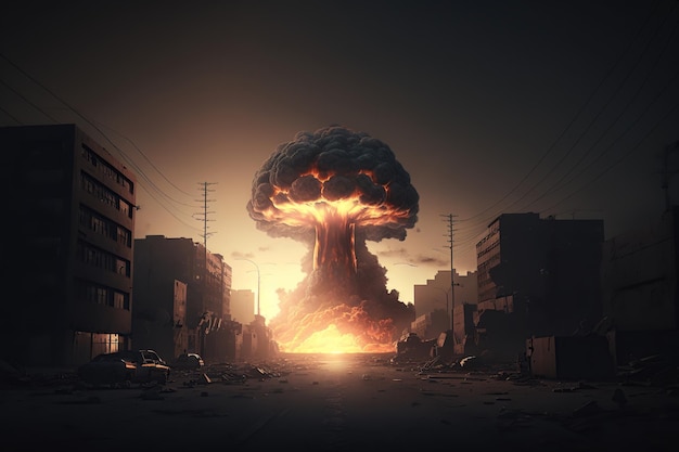 Esplosione nucleare in una città. Arte generativa dell'IA. Edifici che crollano per l'esplosione.