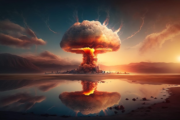 Esplosione nucleare Nuvola di fumo di un'esplosione nucleare vista da lontano