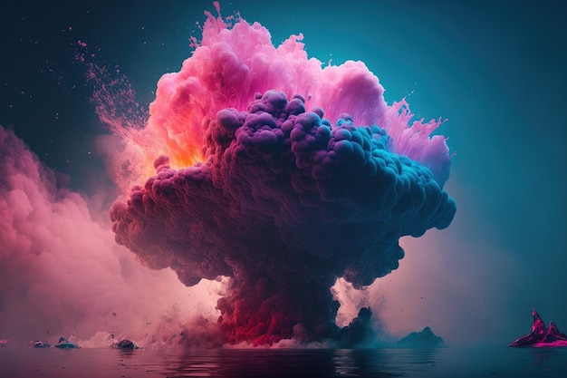 Esplosione sottomarina su uno sfondo di fumo rosa multicolore