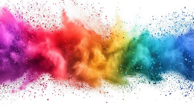esplosione vibrante dell'arcobaleno Holi vernice in polvere che mostra una serie di colori vivaci su uno sfondo bianco puro la consistenza della polvere è finemente dettagliata AI Generative