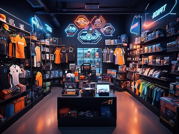 Esports Merchandise Store Room Boys con scaffali di giochi M Illustrazione Tendenza Decorazione di sfondo