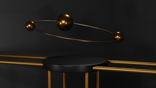espositore astratto con piedistallo nero e oro, anello dorato di lusso 3D, vetrina vuota del prodotto sul podio