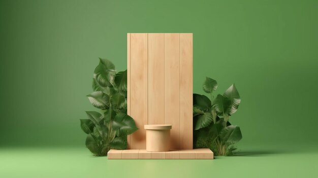 Espositore da palco in legno per la decorazione della presentazione del prodotto con foglie di monstera