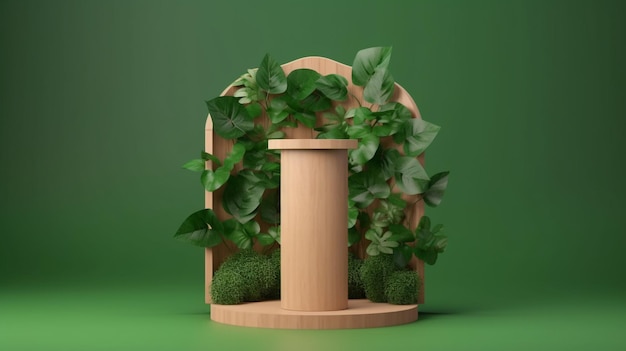 Espositore da palco in legno per la decorazione della presentazione del prodotto con foglie di monstera