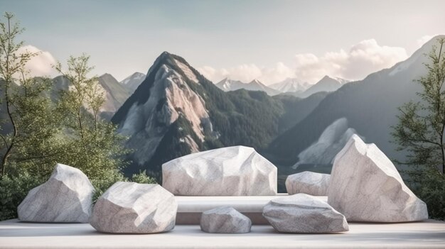 Espositore da podio per prodotti in pietra di roccia per la presentazione di prodotti estivi di lusso bellissime montagne e cielo limpido sullo sfondo