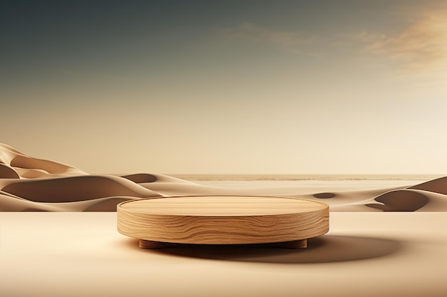 espositore in legno sullo sfondo del deserto Ai generativa