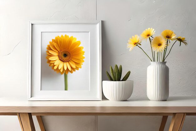 Espositore in tela con cornice bianca minimale con fiore in vaso