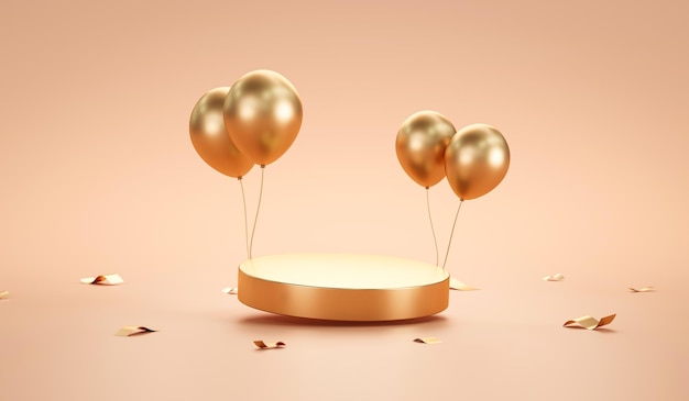 Espositore per celebrazioni di lusso su sfondo 3d con piedistallo per podio in oro con esposizione di anniversario di palloncini per feste di compleanno d'oro e presentazione festiva in studio vetrina decorazione scena premium.