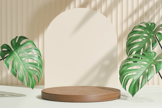 Espositore per prodotti cosmetici, podio cilindrico rotondo in legno e parete ad arco pastello con sfondo foglia verde. Illustrazione di rendering 3D