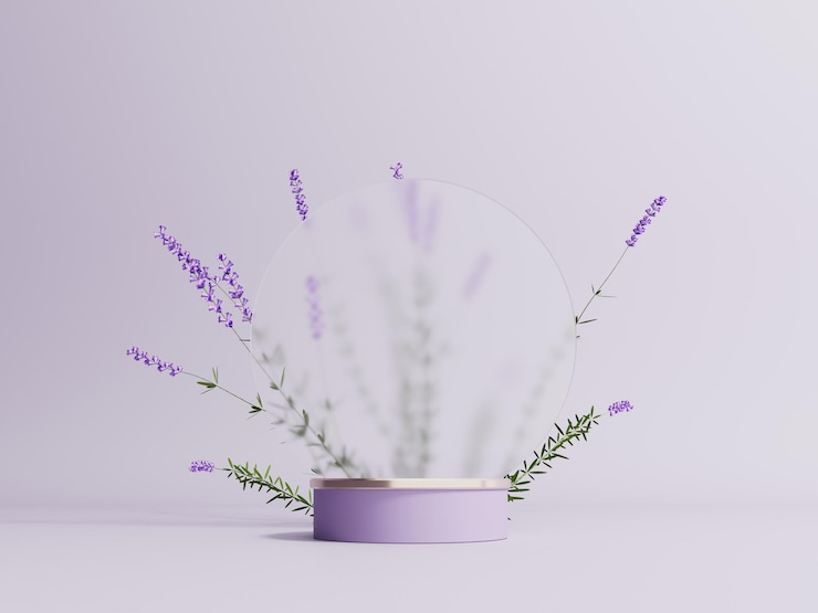 Espositore sul podio con fiori di lavanda su sfondo viola pastello Vetrina rendering 3d