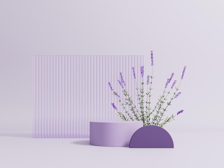 Espositore sul podio con fiori di lavanda su sfondo viola pastello Vetrina rendering 3d