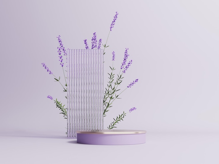 Espositore sul podio con fiori di lavanda su sfondo viola pastello Vetrina rendering 3d