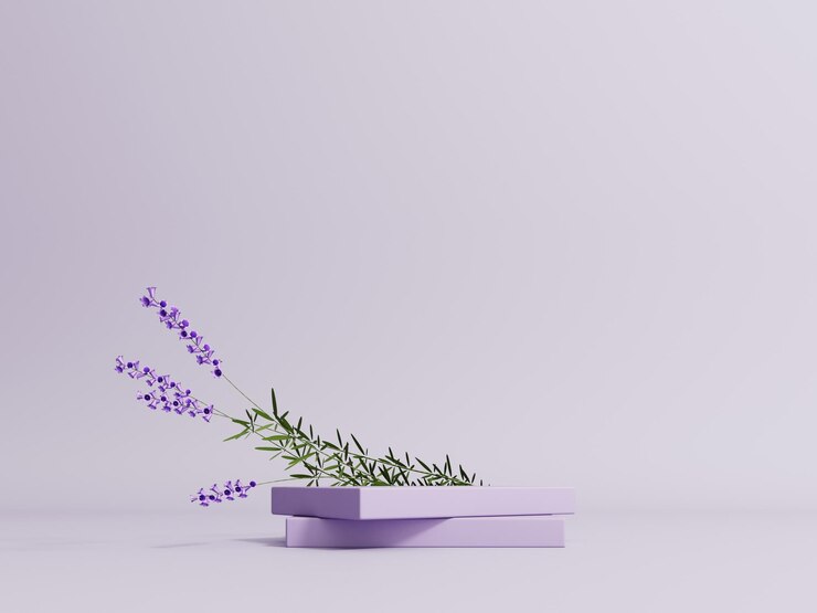 Espositore sul podio con fiori di lavanda su sfondo viola pastello Vetrina rendering 3d