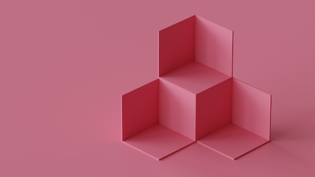 Esposizione del contesto delle scatole del cubo sul fondo in bianco della parete. Rendering 3D.