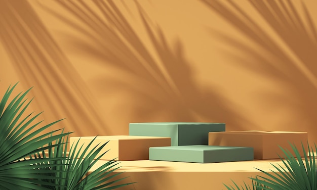 Esposizione del podio del prodotto verde e arancione 3D con sfondo arancione e ombra dell'albero, sfondo mockup prodotto estivo, illustrazione rendering 3D