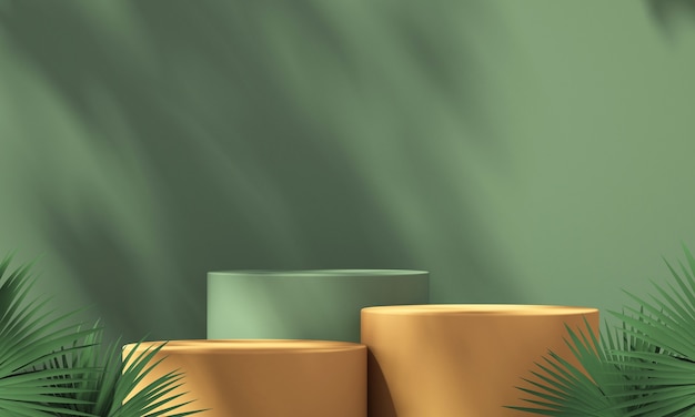 Esposizione del podio del prodotto verde e arancione 3D con sfondo verde e ombra dell'albero, sfondo del modello del prodotto estivo, illustrazione di rendering 3D