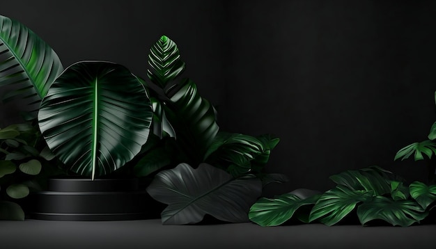 esposizione del prodotto podio in marmo nero e sfondo di foglie di tropico su sfondo scuro