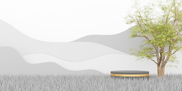 Esposizione del prodotto podio prati alberi e montagne paesaggio naturale illustrazione 3D