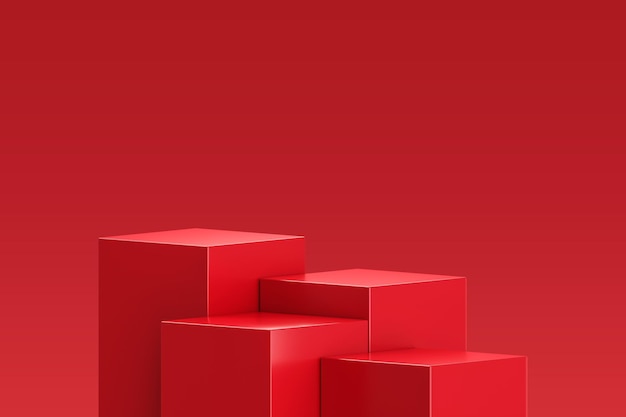 Esposizione della fase del prodotto del fondo del podio rosso sulla scena della piattaforma geometrica 3d con lo showroom dello studio del basamento dell'insegna di presentazione di vendita o lo sfondo vuoto della base del piedistallo di esposizione e che mostra il modello vuoto del posto di punto