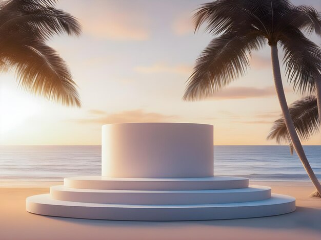 esposizione di prodotti con palme in riva al mare nello stile di scenografie minimaliste