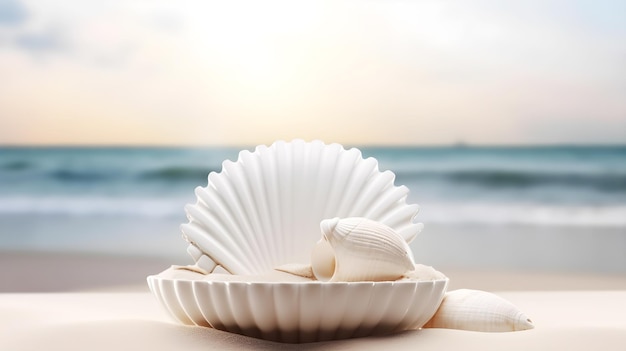 esposizione di prodotti di conchiglie sul podio bianco con una bellissima spiaggia e un cielo blu chiaro